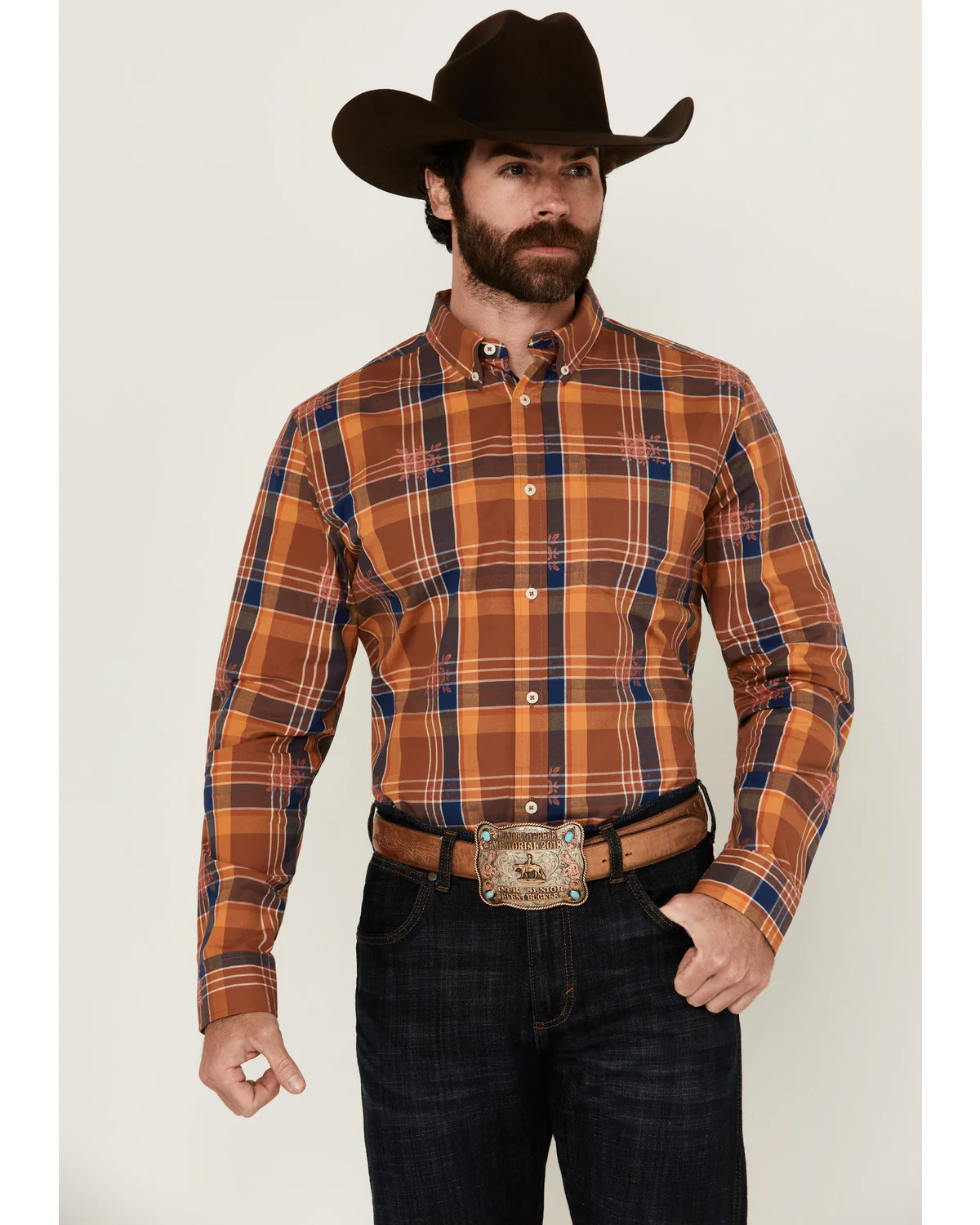 Cody James Men's Dobby Plaid Print Long Sleeve Button-Down Stretch Western Shirt