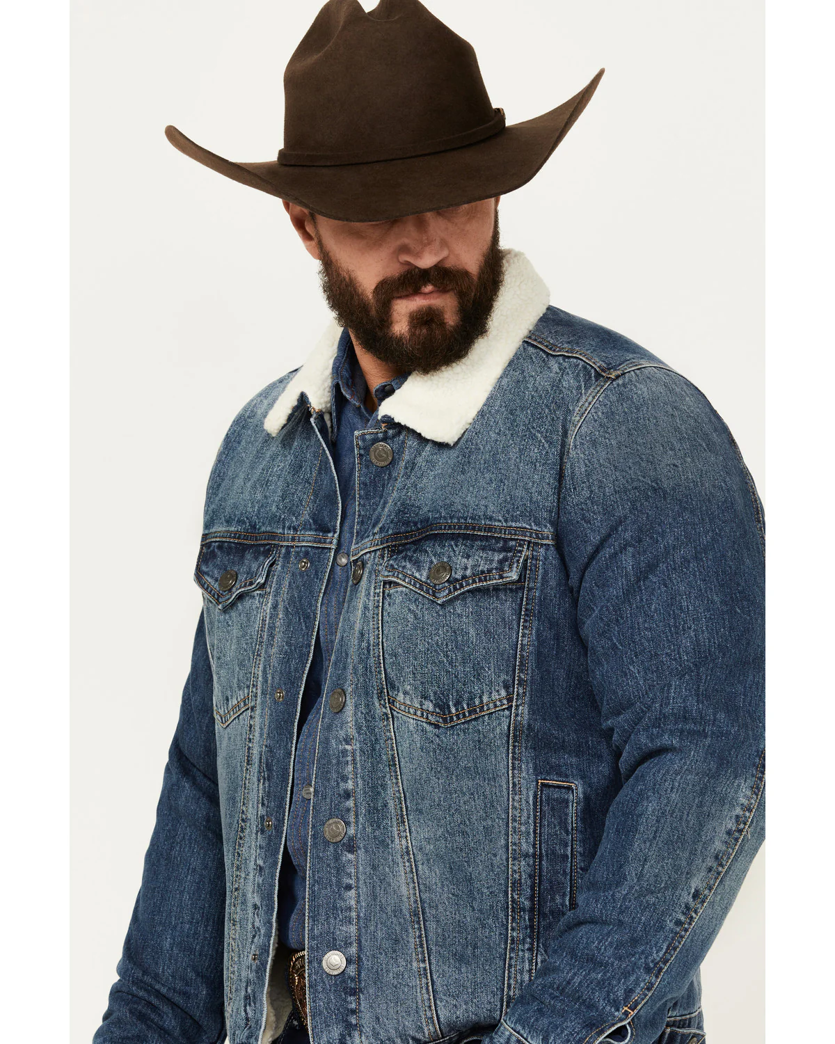 Cody James Men's Medium Wash Snap Sherpa Denim Jacket - Image 2