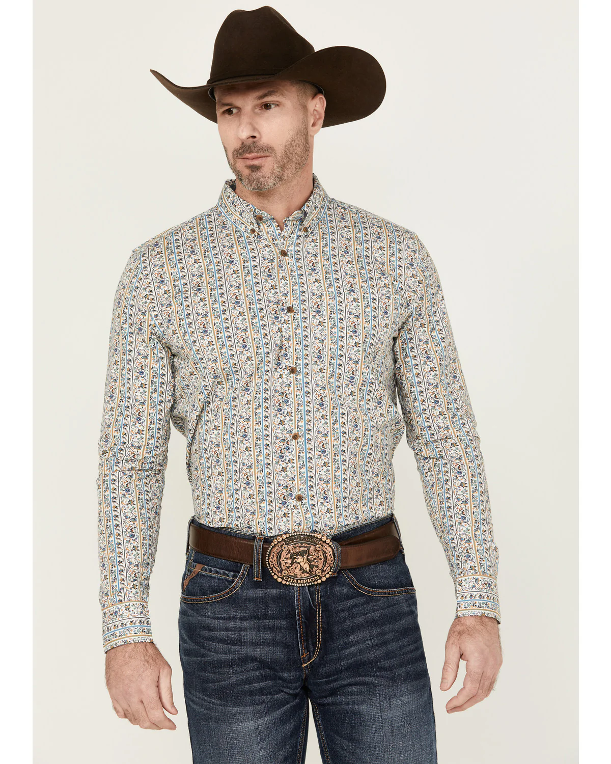 Cody James Men's Wells Floral Striped Print Long Sleeve Button-Down Stretch Western Shirt