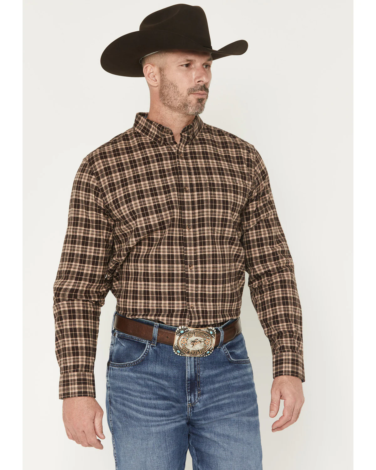 Cody James Men's Whiskey Ranch Plaid Print Long Sleeve Button-Down Stretch Western Shirt