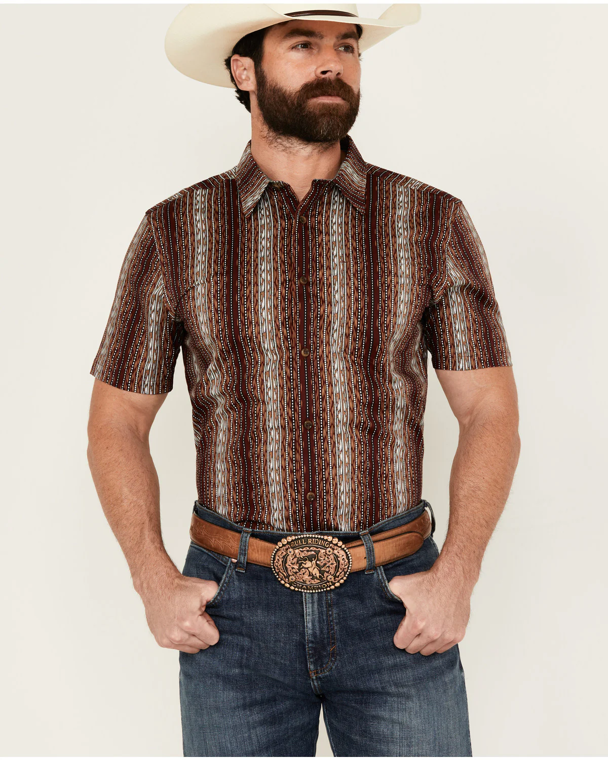 Cody James Men's Wood Cut Southwestern Striped Short Sleeve Button-Down Stretch Western Shirt